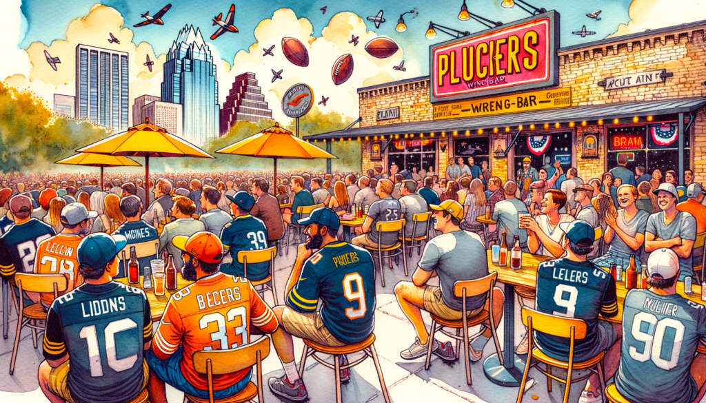 Create a vibrant watercolor and ink illustration that captures an enthusiastic crowd dressed in football gear and watching the NFL Draft at Pluckers Wing Bar, a popular spot in modern-day Austin, Texas. Seated on their own chairs, the Austinites of different descents cheer or react to the draft picks, their passion reflecting the city's love for sports. The illustrative style should draw inspiration from vintage Austin postcards, incorporating iconic Austin landmarks subtly in the background. The weather should mirror the warm day of April 25, 2024, with balmy temperatures and a sky transitioning from cloudy to sunny. Make sure all details are accurate and consistent, capturing the unique character of the city with nostalgia and pride.