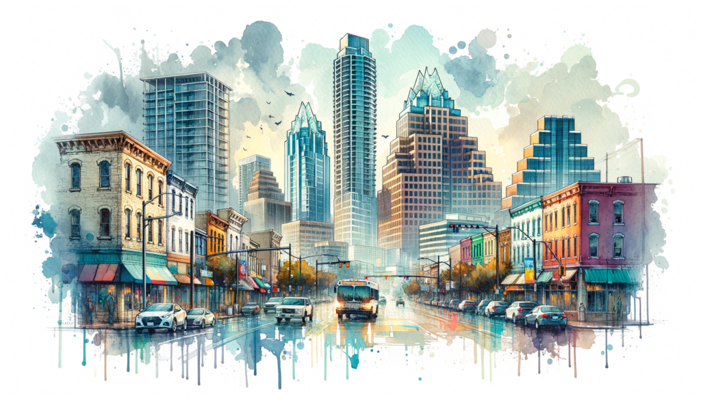 Create a striking watercolor and ink image that portrays a modern-day scene in Austin, faithfully depicted with high levels of detail and accuracy. Use the weather forecast as a guide to embed a true atmospheric impression. Ensure to incorporate a single instance of each highlighted building type to depict the skyline, without embracing signs, labels, or text. The image should seamlessly merge a retro vibe inspired by vintage Austin postcards with today's city aesthetics. Pay attention to details, such as layering, brush strokes, and balance of light and shadow to establish a realistic impression. The final result should be a clear, coherent, and impacting image that resonates with residents and stirs a sense of nostalgia and city pride, thus, attracting engagement for the respective article.