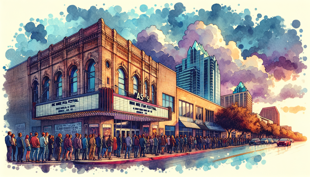 Picture an expert watercolor and ink artwork capturing the hustle and bustle of the Indie Meme Film Festival at AFS Cinema, the most exciting local event occurring in Austin. The image showcases a lively array of people queuing under a slightly cloudy sky, hinting at the weather forecast of a cool breeze with a possible light shower. Take in the combined aesthetic of modern Austin architecture seen in the background, and hints of the city's vintage past, inspired by old postcards or iconic landmarks rendered in watercolor style. Look closely and see the intricate layering, brush strokes, articulation of light and shadow all contributing to the retro, yet undeniably Austin vibe of the image. Despite being rendered in watercolor & ink, the image holds true to the clarity and detailing consistent with high-resolution prints, ensuring its suitability for web and print usage. This stunning artwork doesn't just complement the blog post, it stands as a tangible memory of the vibrant event, instantly connecting Austinites with a sense of nostalgia and pride for their city.