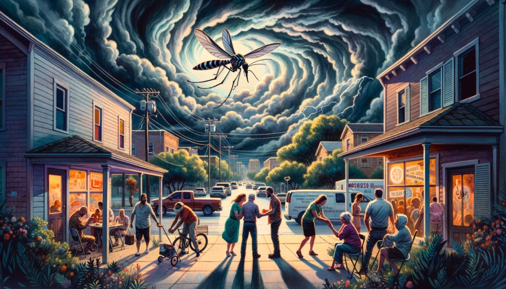 "Generate an image capturing the resilient spirit of Austin, Texas, amid severe weather. Visualize a community coming together under stormy skies, with elements of support and preparation visible. Include symbolic representations of Austin's identity—like live music, food trucks, and outdoor activities—standing strong against the backdrop of dark, swirling clouds. In the foreground, show neighbors helping each other secure homes, sharing resources, and checking on one another, embodying the article's message of unity and preparedness. Additionally, subtly integrate the threat of mosquitoes with people using innovative traps, adding a touch of hope and defiance against all odds. The overall mood should be one of determination, community, and the unique Austin vibe, even in the face of nature's fury."