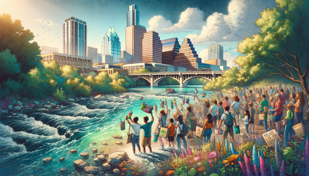 "Create an uplifting and hopeful digital artwork illustrating the vibrant community of San Marcos, Texas, coming together to celebrate the ban on single-use beverage containers. The scene unfolds along the sparkling San Marcos River, under a clear blue sky. The foreground is lively with diverse groups of people—families, students, and local activists—cheerfully participating in the 'Reuse at the River' campaign. Everyone is equipped with colorful, unique reusable drinkware. In the midst of the gathering, a large, eye-catching banner proudly proclaims 'San Marcos Leads the Way: Embracing Sustainability'. The river banks are pristine, dotted with native Texas wildflowers, emphasizing the positive environmental impact of the campaign. In the background, the cityscape of San Marcos blends harmoniously with the natural scenery, symbolizing a community united in its commitment to protect and cherish its natural resources. The overall atmosphere is one of joy, community spirit, and a collective step towards a greener future."
