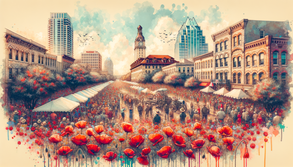Create an intricate watercolor and ink painting that portrays a lively scene from Georgetown’s 25th Annual Red Poppy Festival in the heart of Austin, Texas on a transitioning weather day with morning thunderstorms and afternoon sunshine. The painting should be in high detail and accuracy, reflecting the vibrancy of the red poppies, the bustling crowd celebrating in the historic town square, and the visage of the iconic local landmarks. The style should be a blend of vintage and modern aesthetics inspired by old Austin postcards but corresponding to the modern-day cityscape. Ensure the image encapsulates the spirit of Austin with elements of nostalgia and local pride.