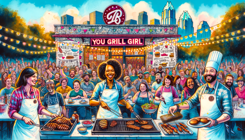 Prompt for DALL·E 3: "Create a vibrant and empowering image that captures the spirit of the 'You Grill Girl' event at Franklin Barbecue in Austin. The scene should be set in the bustling outdoor area of the iconic BBQ spot, filled with a diverse group of women and non-binary grill masters confidently showcasing their culinary skills at various grilling stations. The background features a lively crowd of food enthusiasts, swaying to live music, under string lights that add a cozy, festive atmosphere. The foreground highlights a couple of chefs, one flipping a sizzling, mouth-watering creation on the grill, and another presenting a plate of delicious, smoked delicacies with pride. The entire scene is framed by vibrant banners and decorations celebrating inclusivity, diversity, and the culinary arts, with the iconic Franklin Barbecue sign visible in the background. Emphasis on a colorful, joyful, and inclusive vibe that reflects Austin's commitment to being a culinary hub of innovation, diversity, and community."