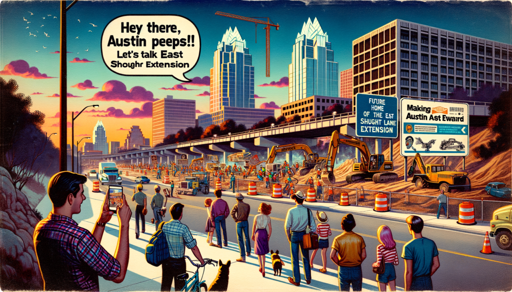 The hero image for this article could vividly capture the essence of Austin’s vibrant atmosphere and the excitement surrounding the East Slaughter Lane Extension project. Here’s a detailed description: Imagine a dynamic, wide-angle shot taken at dusk, where the warm hues of the sunset bathe the city in a golden glow. The foreground features the bustling construction site of the East Slaughter Lane Extension, complete with construction workers in vibrant safety vests, heavy machinery in action, and the beginnings of the new road stretching into the distance. The construction site is teeming with activity, symbolizing progress and growth. In the middle ground, a series of informational signs and banners introduce the project to the community, with phrases like “Future Home of the East Slaughter Lane Extension,” “Making Austin Even More Accessible,” and “Driving Austin Forward.” These signs also feature the logos of Carma Easton LLC and Lockwood, Andrews, & Newnam, Inc., hinting at the collaborative effort behind the project. The background showcases the iconic Austin skyline, including recognizable landmarks such as the Frost Bank Tower, juxtaposed with the lush, green landscape that defines the city. This contrast highlights Austin's unique blend of urban development and natural beauty, setting the stage for the article's focus on growth and accessibility. To the side, a group of diverse Austin locals gathers, some on bikes, others with dogs, all looking at the construction site with expressions of curiosity and optimism. This group represents the community's engagement and the positive impacts the project will have on their daily lives. Among them, someone holds up a smartphone, capturing the moment, symbolizing the sharing and discussion that will take place within the community and on social media about the extension. Above this lively scene, the title of the article, “Hey there, Austin peeps! 🎸 Let’s talk East Slaughter Lane Extension,” appears in bold, playful lettering, inviting readers to dive into the story of how this project will enhance their beloved city. This hero image serves not only as an eye-catcher but also as a narrative device, encapsulating the article's themes of community, progress, and the unique spirit of Austin.