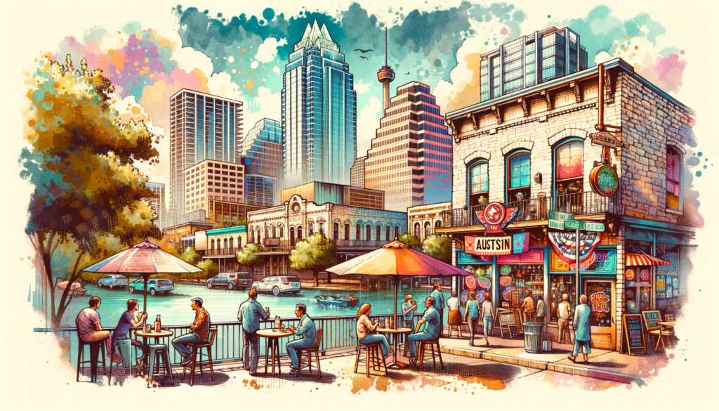 Craft a detailed watercolor and ink scene capturing a typical Tuesday in modern-day Austin on April 30, 2024, based on key elements from an article about the city. The image should fuse a retro feel inspired by vintage Austin postcards with the city's current aesthetic. Include the morning weather with bright sun but potential thunderstorms, thus illustrating a sunny scene while indicating incoming rain. Showcase the dynamism of the city with elements representing the music scene, the dreaming of a greener Austin, a bustling new cocktail bar, a memorial moment for a closed coffee shop, and echoes of a recent Blues Festival. All placed within the distinctive Austin skyline with each type of building represented just once. Ensure a high level of detail and accuracy, layering, brush strokes, light and shadow usage, aiming for a clear, consistent, impactful image that evokes a sense of nostalgia and city pride among Austinites.