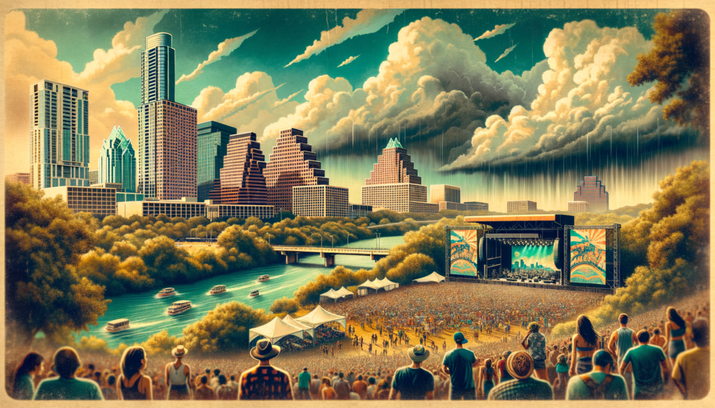Create an image that captures the energy of modern-day Austin, Texas on a breezy, humid day with an incoming thunderstorm. Use the techniques of watercolor and ink to bring to life one of the city's most exciting events. Imagine the iconic Blues On The Green festival taking place under the expectant, stormy sky, with a crowd of diverse individuals including Hispanic women, Caucasian men, and Black children eagerly anticipating the start of the music. The retro-stylized image should feature the lush greenery of Zilker Park and the city's recognizable skyline in the background. The image's high resolution should amplify each intricate detail, from the ripples on the Colorado River to the excitement evident on the festival-goers' faces. This image should resonate with pride and nostalgia for Austinites, reflecting a typical day in their beloved city.