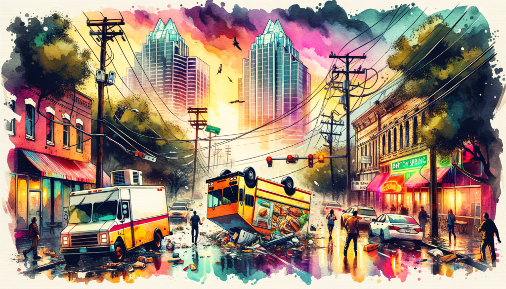 Create a vivid watercolor and ink image filled with drama and evoking a retro feel. The image should highlight the aftermath of a severe storm in modern-day Austin, as this is the most exciting recent local event. Capture the flipped food trucks, toppled power lines, and people navigating the storm aftermath while maintaining the charm of the city. Use layering, brush strokes, and light/shadow techniques to depict the weather accurately based on the recent storm forecast. Infuse elements reminiscent of vintage Austin postcards, artwork, and iconic landmarks like Barton Springs and local eateries to evoke nostalgia and pride among Austinites. The image should be high in detail, clarity, and overall impact, suitable for web and print use, and instantly connect with viewers.