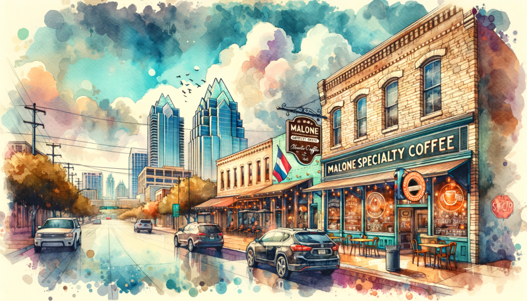 Create a detailed watercolor & ink image of a stimulating event in the heart of Texas, Austin. The picture should depict the grand opening of Malone Specialty Coffee, a local favorite that has recently opened a storefront - Malone Coffee Roastery and Cafe. Focusing on single-origin coffees and blends with a local twist, all named after Austin's treasured parks, the coffee shop represents an amalgamation of Austin's character. The setting should reflect a blend of modern-day Austin infused with a retro feel that draws inspiration from vintage Austin postcards and significant landmarks. Consider the cheery weather forecast for Austin on the particular day, with a high of 74°F perfect for an outdoor setting, to portray the weather accurately. Ensure the image is clear, layered, and consistent, fulfilling the nuances of watercolor style, and is exported in high resolution suitable for both web and print.