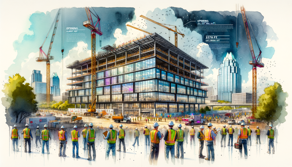 For the hero image of this article, imagine a dynamic and visually captivating scene that encapsulates the essence of innovation, strength, and community readiness against the backdrop of Austin's unique landscape. The foreground features an artist's rendering of the TDEM Headquarters and SEOC: a sleek, modern, six-story building with large, reflective windows and a facade that blends traditional steel with touches of mass timber, symbolizing strength and sustainability. The building is surrounded by construction cranes and workers wearing hard hats and reflective vests, actively engaged in the construction process, symbolizing progress and the dawn of a new era in emergency management. Behind the construction site, the Austin skyline is visible under a clear, blue Texas sky, bridging the link between the city's vibrant community and this state-of-the-art facility. To the side, an infographic bubble highlights key facts: "Opening August 2026," "295,978 sq ft," and "$370 million investment," providing readers with a snapshot of the project's scale and significance. The scene is bustling with energy, yet there's a sense of order and purpose, reflecting the article's message of a community moving forward together, prepared to face any challenge. This image not only captures the reader's attention but also conveys the article's themes of innovation, collaboration, and resilience, inviting Austinites and newcomers alike to envision how this project will shape the future of their city.