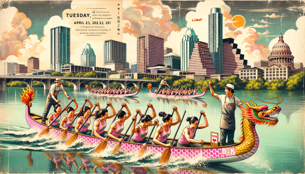 Our scene unfolds in Austin, a varsity of vibrant life and exciting developments; the Austin Downtown Skyline stands against a sky populated by a mix of clouds and sunshine. We are now shifted to the KC Pink Warriors, a strong, diverse group of women paddling vigorously downstream, their dragon boat cutting through the water, making waves. The rippling water around them mirrors the downtown skyline, infusing Austin's modernity with clear nods to its humble, natural beginnings. Layered in with watercolor and ink, the visual cues to Austin's vintage postcards and iconic landmarks echo throughout the image. The date, Tuesday, April 23, 2024, floats against that sky in nostalgia-evoking font. In the foreground, holding up a delicious-looking pork sausage smashburger, is a smiling South Asian male chef decked out in a cook's apron and serving customers in his bustling, newly opened Laotian-American restaurant. The image captures the sense of community, diversity, safety, resilience, and sustainability that characterize Austin while conveying an authentic, retro-modern Austin aesthetic.