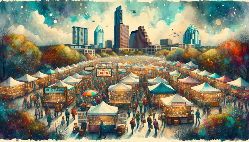 Create an image that encapsulates the vibrant and eclectic spirit of the Blue Genie Art Bazaar's spring market in Austin. Imagine a bustling scene filled with nearly 200 booths, each overflowing with handmade wonders such as dazzling jewelry, chic home décor, surreal artworks, and whimsical toys, all set against the backdrop of Austin's lively local arts scene. The atmosphere is alive with the buzz of excited attendees of all ages exploring, with colorful banners and signs welcoming them to this celebration of creativity and community. Incorporate elements that reflect Austin's unique culture, like nods to the city's love for the quirky and the homemade, as well as its lush, springtime Hill Country surroundings. Make sure the image conveys a sense of welcoming and fun, inviting viewers to immerse themselves in this no-admission, family-friendly event that champions local talent and supports the creative economy of the heart of Texas.