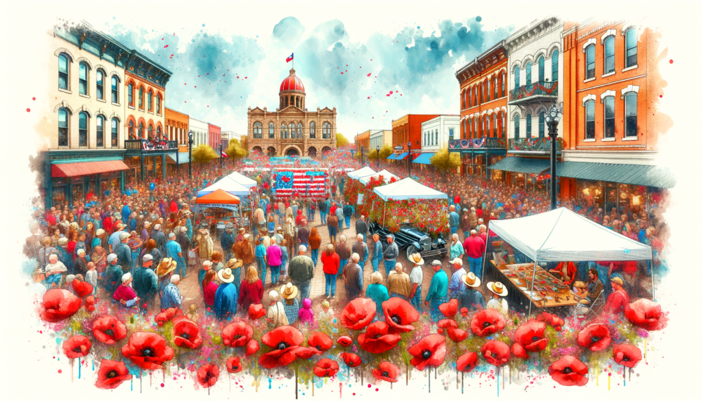 Prompt: Create an image that captures the essence of the 25th Annual Red Poppy Festival in Georgetown, Texas. The scene should be vibrant and bustling, set in the historic town square with the iconic courthouse in the background. The square is awash in a sea of red with people of all ages celebrating. Include elements such as red poppies adorning the streets and buildings, families and friends exploring artisan and food vendor stalls, a parade with colorful floats and performers in the foreground, and live music performances with audiences enjoying the atmosphere. In the mix, add a classic car show on one side and a whimsical pet parade on the other, showcasing the community's spirit and diversity. The image should radiate joy, community, and the unique charm of Georgetown, making it a must-visit destination.