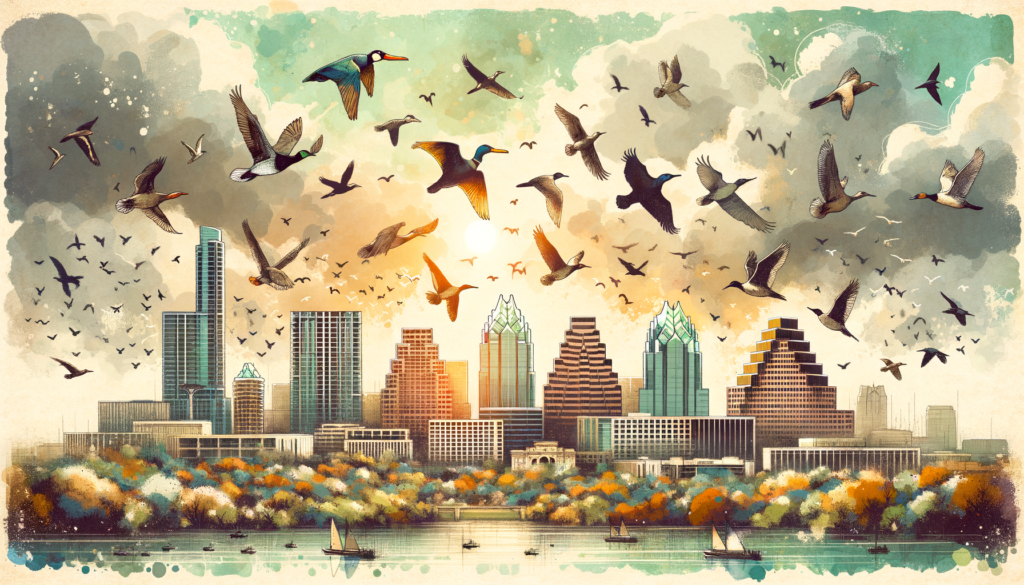Create an expertly crafted watercolor and ink image for a blog post featuring the recent local news and events in Austin, Texas. Focus on the Austin Audubon's spring migration event in the context of the city's uniquely vibrant atmosphere. Visualize the event with birds flocking over a mix of modern-day and retro Austin landmarks, representing the Austin aesthetic. Utilize layers, brush strokes, and light/shadows to depict the varying weather conditions - a gloomy morning, sunny afternoon, and potential thundershower. Incorporate the nostalgic style of vintage Austin postcards within the modern cityscape. Make it high-resolution suitable for print and web use, evoking pride and a sense of nostalgia in Austin's citizens.