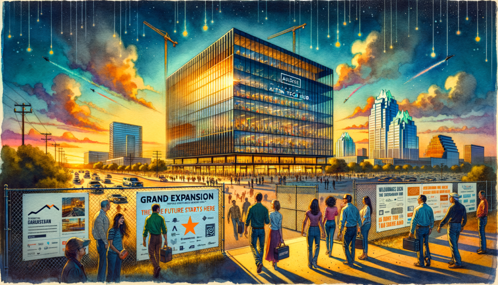 The hero image for the article titled "The Future Is Now: Williamson Tech Hub's Massive Expansion 🚀" could capture the essence of innovation, community growth, and technological advancement in Round Rock, Texas. Picture this: The scene is set during the golden hour, casting a warm glow over the Williamson Tech Hub. The building stands prominently at the forefront, its glass facade reflecting the sunset, symbolizing transparency and the future of tech in Round Rock. The hub is buzzing with activity; people of various backgrounds are entering and exiting, highlighting the diversity and inclusivity of the tech community. In the foreground, a large banner with the text "Grand Expansion - The Future Starts Here" is draped across the construction fencing, signifying the ongoing work and the anticipation for what's to come. Behind it, construction cranes and scaffolding are visible, representing progress and the physical growth of the tech hub. To the right, a group of tech professionals is engaged in animated discussion, perhaps sharing ideas or collaborating on a project, showcasing the hub as a place for innovation and networking. In the background, the skyline of Round Rock is starting to light up, with digital overlays indicating other key tech players in the area, such as Samsung and Google, connecting the expansion to the broader tech boom in Williamson County. On the left, an interactive digital display shows plans for the new floors and a countdown to the completion date, inviting community interaction and interest. This display also features a QR code that passersby can scan to learn more about the expansion project, job opportunities, and how to get involved, blending the physical and digital worlds. The image is dynamic and forward-looking, capturing the excitement and potential of the Williamson Tech Hub's expansion. It communicates not just the physical growth of the tech hub but also its role as a catalyst for job creation, innovation, and community development in Round Rock and beyond.