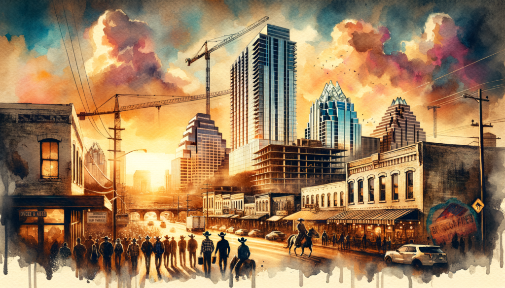 For the hero image of this article, envision a captivating photograph taken during the golden hour, just as the sun begins to set, casting a warm, golden glow over the city of Austin. The skyline is in view, with the Williamson Central Plaza standing tall and proud in the center, its glass facade reflecting the vibrant colors of the sky. Construction cranes are visible around the building, signifying ongoing progress and the promise of growth. The foreground features lively streets of Downtown Austin, bustling with people—some wearing cowboy hats, embodying the city's unique culture—walking, and engaging in various activities that highlight the city's vibrant lifestyle. In the distance, small music venues and local cafes spill out onto the streets, adding to the dynamic urban scene. The image encapsulates the essence of Austin's evolution, blending traditional Texan elements with the excitement of modern urban development and cultural richness.
