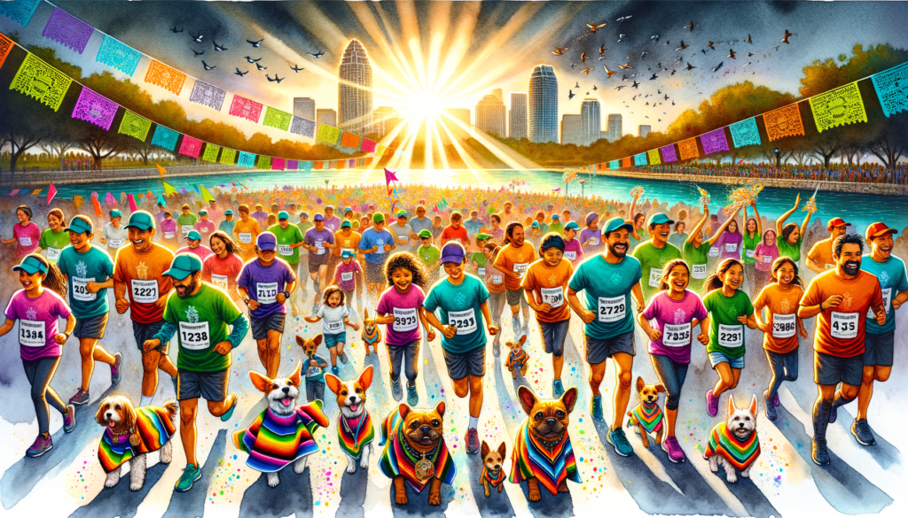"Create a vibrant and celebratory image showcasing the spirit of the 2024 H-E-B Austin Sunshine Run and Cinco de Mayo celebration. The scene should be set at the scenic Auditorium Shores with Austin's skyline in the background. It should feature a diverse group of people, including families, individuals, and pets, all wearing colorful running gear and festive Cinco de Mayo attire. Dogs participating in the 'Fastest Dog in Austin 5K' wear miniature sombreros and race bibs. Runners hold water bottles, wear race bibs, and some are draped in Mexican serapes. Children laugh and play, holding medals and participating in the Kids K. In the sky, a bright sun smiles down on the event, enhancing the warm and joyful atmosphere. Include the iconic H-E-B logo and Cinco de Mayo decorations such as papel picado banners fluttering in the breeze. The image should exude a sense of community, celebration, and the joy of participating in a fun, active event together in the heart of Austin, Texas."