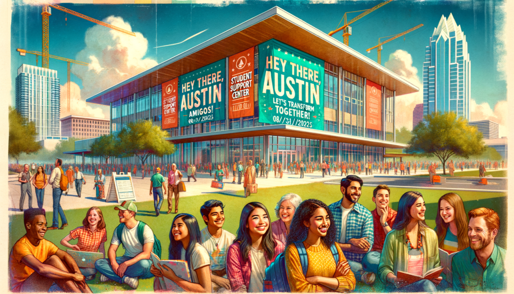 For the hero image of this article, envision a vibrant, dynamic scene encapsulating the spirit of the upcoming renovations at Austin Community College's Round Rock Campus. The image foregrounds a group of diverse, smiling students gathered around the entrance of Building 1000, which sports a large, colorful banner announcing the renovation project with the words "Future Home of the Student Support Center" and the dates "08/31/2024 - 08/31/2025." Construction signage and a few pieces of equipment subtly visible in the background hint at the transformation underway, without overpowering the scene. Behind the students, the campus itself is a hive of activity, with more students and faculty moving about, engaging in conversations, and studying in outdoor spaces that blend seamlessly with the green, well-kept lawns and modern architectural elements of the campus. The bright, sunny Texas sky casts a warm, inviting glow over the scene, suggesting a day full of possibilities. To the side, an artistic rendering on an easel or a digital display shows a sleek, modern interior filled with students utilizing the new facilities, symbolizing the future state of the renovated spaces. This visual juxtaposition highlights the transition from the current to the future state, underlining the article's theme of transformation and growth. Above this lively tableau, the title "Hey there, Austin amigos! Let's Transform Together!" is emblazoned, capturing the essence of community, progress, and the exciting developments at the ACC Round Rock Campus. This image would not only attract attention but also convey the sense of opportunity and forward momentum that the renovations represent.