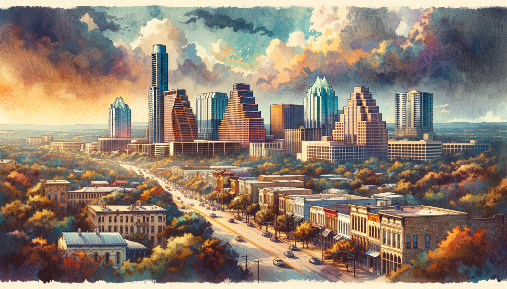 Create a watercolor & ink scenery of Austin filled with precision and drama. The scene should encapsulate the city's charm, featuring the skyline and some real estate gems of Austin. The city's essential elements like the tranquil landscapes of Hill Country, the eclectic East Austin, should be combined into this single perspective of modern Austin. The setting should be based on the weather forecast mentioned in the article, primarily a day with highs of 87°F and lows of 74°F, a bit of cloud cover with the possibility of thunderstorm by the afternoon charmingly layered in the scene. The image should resonate vintage Austin postcards for a retro vibe, flawlessly blending with the city's contemporary aesthetic. The purpose is to craft a memorable and striking image that would instill a sense of nostalgia and pride among Austinites while maintaining clarity, consistency, and impact.