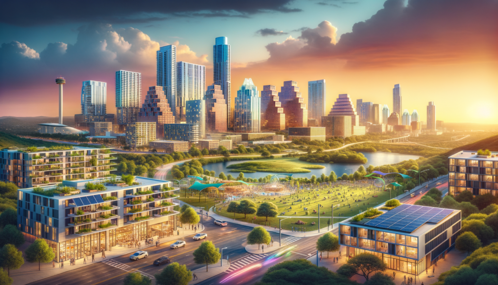 Prompt: "Create an image depicting a vibrant, future Austin skyline at sunset, blending modern and sustainable architecture, with diverse communities thriving together. The foreground should show a mix of affordable housing units, bustling public parks, and communal spaces, symbolizing the city's commitment to inclusivity and diversity in its urban fabric. Include visual elements that reflect a tech-savvy, environmentally-friendly city, such as solar panels, green roofs, and electric vehicles. In the background, integrate iconic Austin landmarks, subtly reimagined to fit this future vision, ensuring the essence of Austin's unique culture and spirit is captured. The overall mood should be optimistic and forward-looking, embodying the essence of a city that welcomes everyone to find their place and contribute to its dynamic, evolving story."