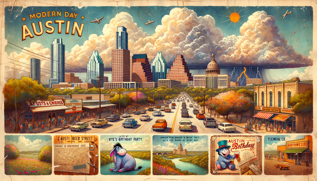 Paint a watercolor and ink scene in the style of a vintage postcard capturing the spirit and nostalgia of modern-day Austin. The scene should balance a retro feel with today's Austin aesthetic. Begin with low morning clouds reminiscent of 'Eeyore’s Birthday Party', gradually lightening up to let the sun sneak in, and end with afternoon thunderstorms rolling in dramatically. Include key elements like Zilker Park in wildflower season, the vibrant 6th Street with Star Bar standing out, and the notable Manor highway with hints of a vibrant community celebration. Add subtle hints of Austin Beerworks and a book festival on Slaughter Lane, along with the unique ambiance of a special whiskey release at Fleming Court. The scene should instantly connect with local Austin residents, evoking a sense of pride in their city's unique character and charm.