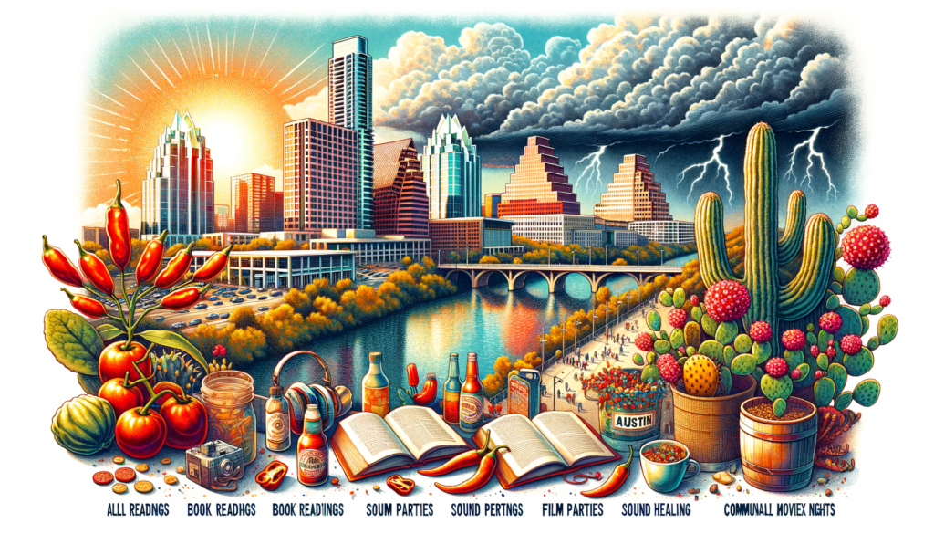 Create a vibrant watercolor and ink illustration blending modern-day Austin with a vintage and retro aesthetic. Emphasize important elements in the scene such as representative flora like habanero peppers and cacti and allude to popular events such as book readings, film parties, sound healing journeys, and communal movie nights. Display the notable Colorado River prominently. Portray a distinct sky filled with alternating elements of sun, stormy clouds signaling an incoming thunderstorm and a warm tone signifying a high temperature. All objects should not be trademarked but should reflect the unique identity of Austin. Capture the city from a unique perspective, ensuring the skyline consists of varied high-rise buildings, with no more than two of the same style, and should evoke nostalgia and pride among Austinites. Remember to not include text, signs, labels, or symbols as part of the scene.