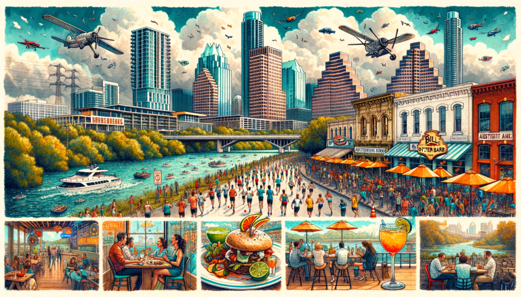 Picture a vibrant, detailed watercolor and ink scene of modern-day Austin, Texas, infused with a retro feel, inspired by vintage postcards, but with contemporary visuals. Visualize a cloudy Cinco de Mayo day, with an imminent thunderstorm. Now, imagine a series of locations as described in the article, compellingly illustrated without infringing upon trademarks. Include runners at Auditorium Shores, with some holding their dogs on leashes, celebrating the '2024 H-E-B Austin Sunshine Run'. Transition to Bill's Oyster Bar, where customers enjoy spicy margaritas and oysters. Further, picture the Springdale Station in session, hosting the 'Wine & Food Foundation’s Toast of Texas', with people savoring Texas wines, barbecue and paella. Strive for clarity, consistency, but maintain the complexity of colors and scenes - a stunning mix of new-age Austin festivities under an old-world charm.