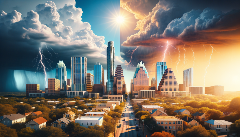 Create a photorealistic image that appears to have been taken by an expert in photography. It's a vibrant cityscape dominated by a dramatic weather scene based on today's forecast: part of the scene should be bathed in sunshine, with highs of 86°F, while another part should showcase impending thunderstorms with gusty winds and hail, conveying the sense of a 'Texas Tango'. The city itself should encompass a diverse range of architectural styles, from a unique, unnamed high-rise tower to traditional single-family homes and modern concrete and glass structures. No structure should appear more than once, especially no structures resembling Austin's Frost Bank Building. None of the buildings should have any close-ups or display any text, signs, labels, or symbols.