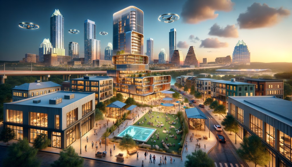 For the hero image of this article, envision a dynamic and visually engaging composition that captures the essence of innovation, community growth, and the integration of technology within the landscape of Austin, Texas. The scene could feature: - A futuristic and architecturally striking rendering of the Williams Technology Center expansion. The building is modern, with sleek lines, large glass windows, and interactive outdoor spaces that blend seamlessly with the environment. It stands under the clear, blue Texas sky, symbolizing a bridge between nature and technology. - In the foreground, a diverse group of people—ranging from tech professionals to families—gather in a vibrant, green outdoor area that's part of the tech center's campus. This area is dotted with interactive tech installations, like digital information kiosks and augmented reality zones, where visitors engage with the technology. - The backdrop showcases a panoramic view of the Austin skyline, subtly highlighting iconic structures but with a gentle focus on the burgeoning tech district. The skyline is bathed in the warm glow of twilight, suggesting the dawn of a new era for the city. - Overlay elements could include a few futuristic drones hovering in the sky, capturing the blend of tech and community. Additionally, a few digital screens display graphs and digital art, representing the innovation and creative spirit of the tech expansion. - The entire image is framed by subtle references to the local flora and vibrant art scene of Austin, such as wildflowers in the corners or a mural on a nearby building within the scene, grounding the tech expansion in the city's cultural identity. This hero image would serve as a compelling visual introduction to the article, encapsulating the theme of technological advancement within the real Austin community fabric, highlighting the excitement and potential of the Williams Tech Expansion for both the tech community and the broader population.