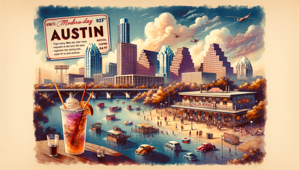Create a vividly dramatic scene of modern-day Austin using watercolor and ink, encompassing a retro feel. The image should be inspired by vintage Austin postcards but should also incorporate the modern aesthetic of the city. Picture a warm, mostly cloudy day with a high of 92°F, portraying the bustling city activities from an unusual perspective. Illustrate landmarks such as a single depiction of the skyline, Barton Springs, the Flamingo Cantina, the Fallout Theater, Barrel O' Fun, Zilker Lodge, an unnamed rooftop, and an indicative real estate corner that speaks for the thriving market. Include representations of an engaging root beer float to signify National Root Beer Float Day and elements from the lively music scene. Render the scene with stunning details, ensuring layering, dynamic brush strokes, and effective light/shadow interplay. The final result should evoke nostalgia, ignite city pride among Austinites, and intrigue article readers.