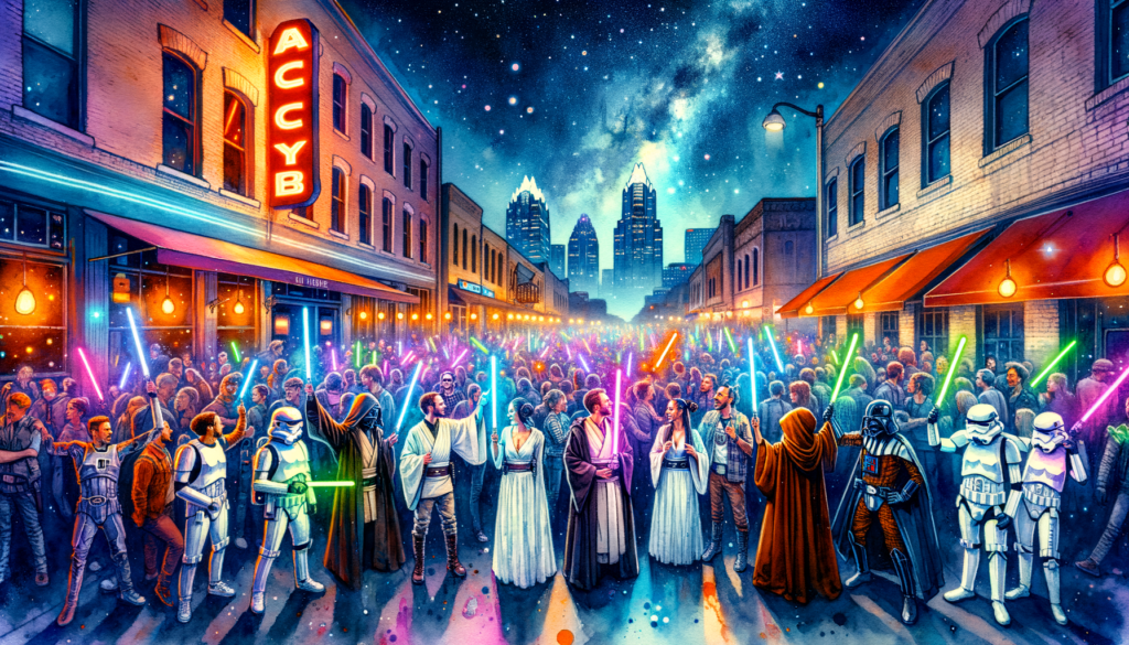 "Create an energetic and vibrant digital art piece capturing the essence of celebrating May the 4th Be With You in Austin, Texas. The scene unfolds on the bustling streets of West 6th, with Star Bar at the heart of the festivities. Picture a diverse crowd of enthusiastic fans, some dressed as Jedi and Sith, mingling outside the iconic venue, which is adorned with Star Wars decorations and illuminated by the glow of neon lights. In the foreground, a group of revelers poses with lightsabers raised, capturing the joy and camaraderie of the occasion. Above them, a clear night sky serves as the backdrop, with the silhouette of the Austin skyline visible and a hint of a galaxy far, far away shimmering in the distance. The atmosphere is alive with anticipation, laughter, and the shared love of Star Wars, perfectly encapsulating the spirit of community and celebration unique to Austin."