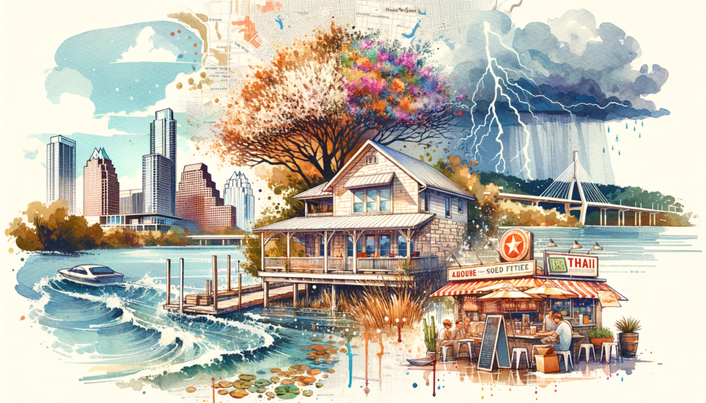 Create a dynamic watercolor and ink representation of a typical day in Austin, Texas. The scene should include high-end luxury homes on Lake Travis, capturing the allure of lakeside living. Near these homes, depict a slice of a blooming Texas prairie, as an emblem of eco-conscious living. The thriving Austin food scene should be symbolized by two restaurants: a Cajun food bar reminiscent of Southern cuisine, and a cozy street food stall serving Thai. Also embody an intense weather condition, illustrating showers, thunderstorms and gusty winds typical of Austin. The vibe should radiate nostalgia and pride, borrowing a retro aesthetic inspired by vintage postcards but adapting it to a modern context. The overall image must be visually cohesive, not a collage, ensuring clarity and consistency in the watercolor and ink style.