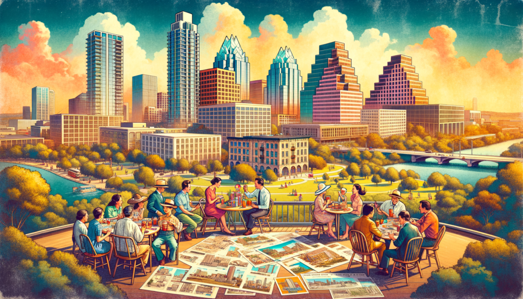The hero image for this article could depict a vibrant and welcoming scene that encapsulates the essence of Austin's community spirit, its housing landscape, and the celebration of National Root Beer Float Day. Imagine a panoramic view of Austin's skyline during golden hour, casting a warm glow over the city's eclectic mix of modern high-rises and historic buildings. In the foreground, a diverse group of people gather in a bustling, green urban park, embodying the city's inclusive vibe. Among these people, a family enjoys a picnic, with a root beer float in each of their hands, showcasing the day's celebration. Nearby, a couple examines blueprints and housing brochures, symbolizing the potential homebuyers affected by the city’s housing plans. A real estate agent, with a friendly demeanor, engages with them, pointing towards the skyline, hinting at the evolving housing landscape. In another part of the image, community members are in discussion over a large map spread on a table, surrounded by housing models and plans, representing the city's engagement with its residents about the future of housing. The scene is lively, with food trucks and local vendors lining the park's edges, adding to the communal atmosphere. The image is framed by iconic Austin elements, such as a mural with the words "Keep It Weird," blending the city's quirky charm with its serious commitment to progress and inclusivity. The sky above transitions smoothly from the golden hues of sunset into a twilight sprinkled with stars, suggesting optimism and forward-thinking as the day ends. This hero image tells a story of community, celebration, and change, inviting readers to dive into the article with a sense of belonging and anticipation for what the future holds for Austin's housing landscape.