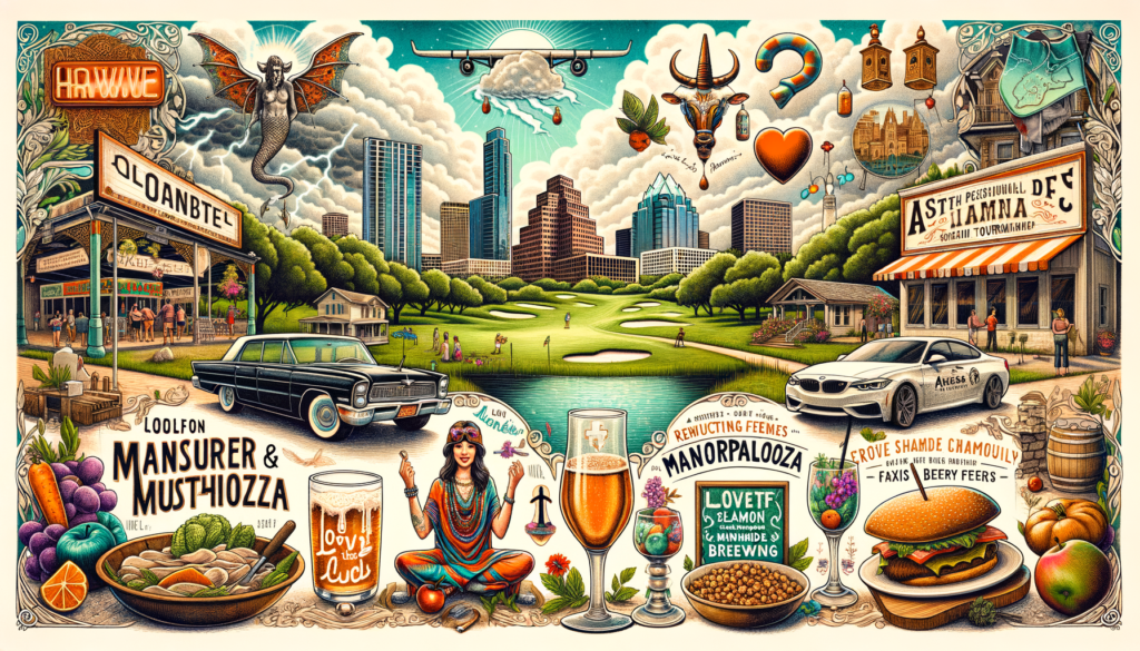 Create a detailed, visually stunning watercolor & ink image infused with a retro feel and inspired by vintage Austin postcards. The scene will showcase key elements from the article: a representation of the unpredictable weather, symbolizing the real estate market; a golf club for the AMHA Annual Golf Tournament; imagery from ManorPalooza, featuring a family-friendly fest vibe; spiritual elements for the 'Love is the Answer' event; a craft brew for the Leftover Salmon at Meanwhile Brewing event; a BBQ grill for the Texas Farmers’ Market and vegetarian dishes for Fungi Friends; elegant cocktail glasses for Prélude, and vibrant Cajun food for Lil' Easy Fine Cajun Food & Bar. All these elements are harmoniously integrated into a unique, engaging, nostalgic depiction of modern-day Austin to connect with the pride of its residents.