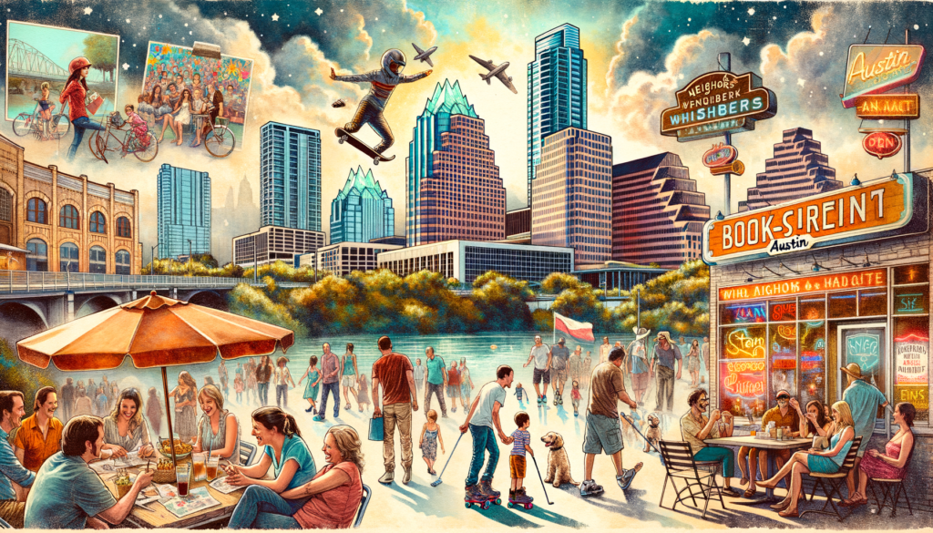 A high-detail and accurate watercolor and ink cityscape capturing the unique spirit of modern-day Austin. The scene is inspired by vintage Austin postcards, blending retro aesthetics with contemporary elements. In the foreground, distinct vignettes of lively activities echo scenes from an article: enthusiastic crowds at Star Bar and ManorPalooza, a family enjoying a read-aloud at BookSpring, a tasting at Fierce Whiskers, and a starlight skate. Included too are scenes from Farmgrass at Wild Bunch Brewing, a gathering at the Neighbors Dog Park & Café, and live music at Mohawk. In the background, Austin's recognizable skyline stands tall under a May sky, hinting at the forecast of a sunny morning turning into a thunderstorm by afternoon. Each vignette and the skyline are integrated into one cohesive scene, not a collage. The entire image has a lively feel resonant with the city's spirit.