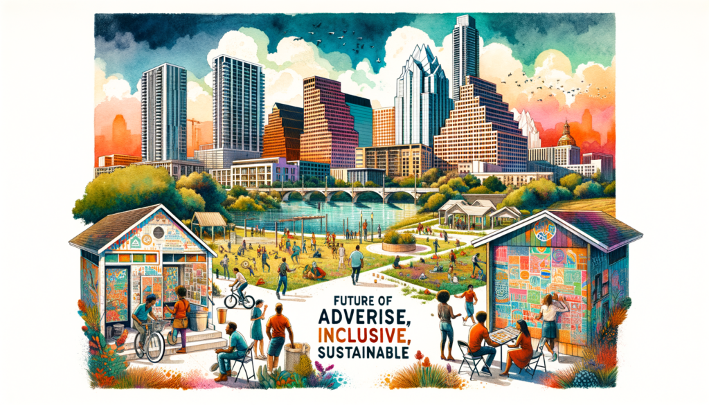 "Dalle 3 prompt: Illustrate a vibrant and hopeful image of Austin, Texas, featuring a diverse and dynamic community engaging in activities across various affordable and inclusive housing developments. The scene should include modern, sustainable homes with green spaces, community gardens, and recreational areas, symbolizing Austin's commitment to evolving its housing strategy. The background showcases the iconic Austin skyline, blending historic landmarks with new, eco-friendly architecture, under the bright Texas sky. Include diverse families, young professionals, and artists, all contributing to a mural that reads 'Future of Austin Housing: Diverse, Inclusive, Sustainable.' Capture the essence of community spirit, innovation, and the unique Austin vibe, with a hint of the city's musical roots and outdoor culture."